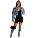 2024 New Arrivals Women's Light Blue Crop Denim Jacket Short Cotton Multi-Pocket Jeans for Autumn Winter with Viscose Lining
