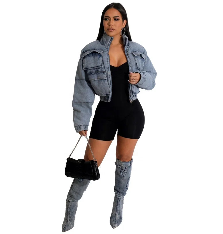 2024 New Arrivals Women's Light Blue Crop Denim Jacket Short Cotton Multi-Pocket Jeans for Autumn Winter with Viscose Lining