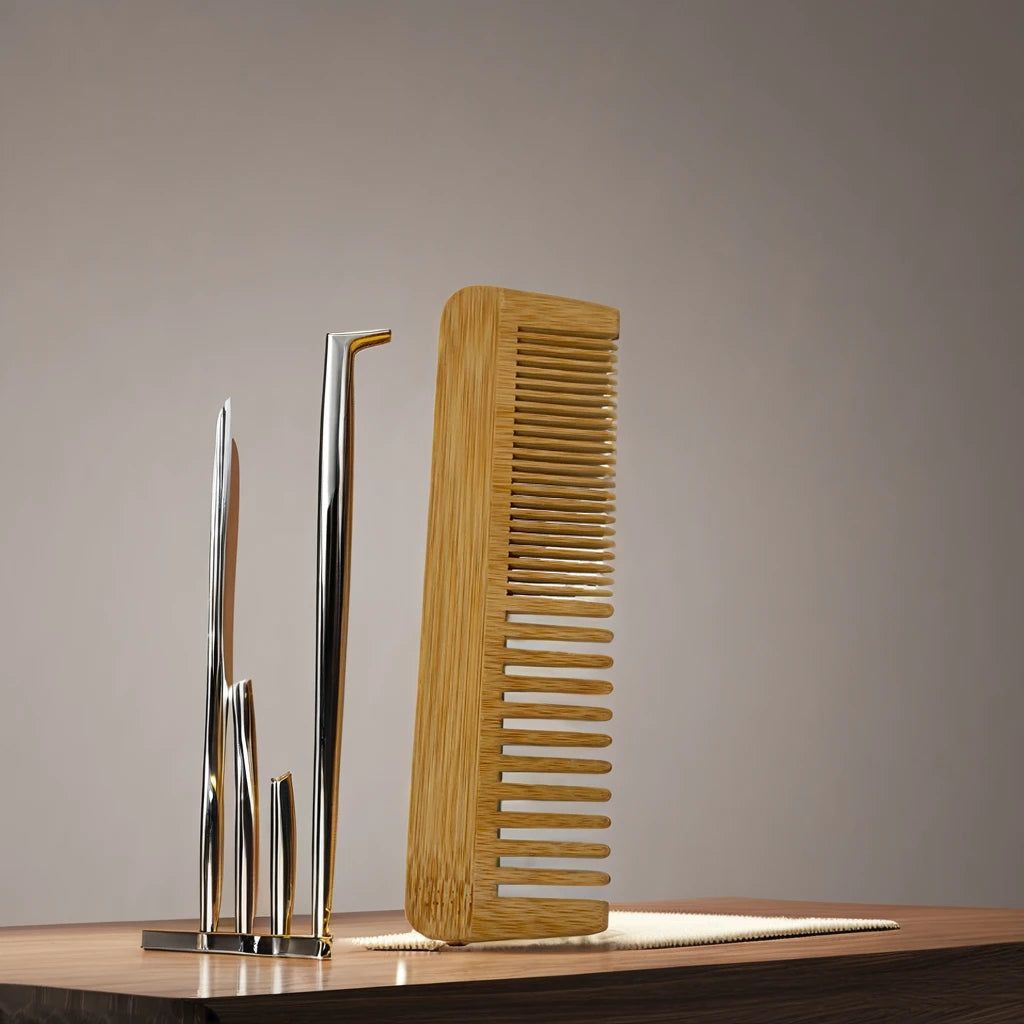 Private Label Natural Bamboo Wood Wide Tooth Hair Comb for Hair Extension with Custom Logo