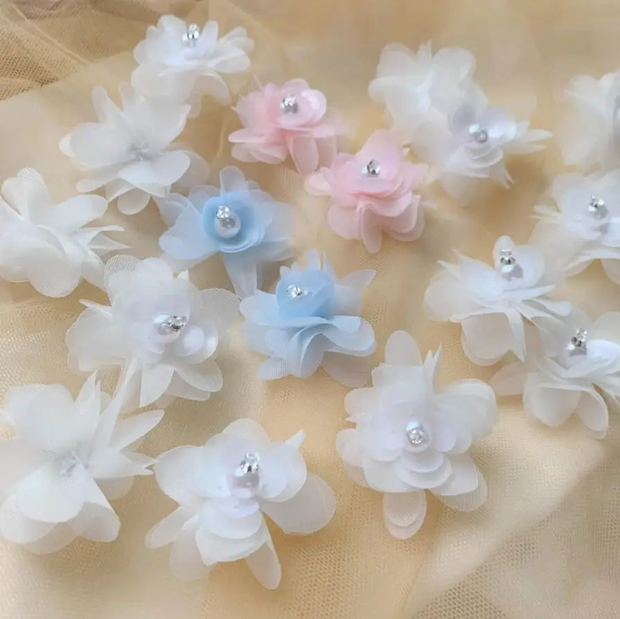 Fancy White/Blue/Pink 3D Handmade Rhinestone Decorated 3.5cm Small Sew-On PVC Fabric Flowers for Hat