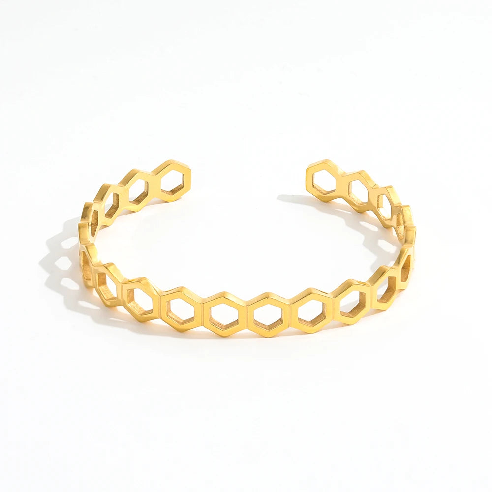 Fenny Fashion Versatile Hollow Hexagonal Honeycomb Cuff Bracelet Permanent Jewelry Stainless Steel Jewelry Wholesale