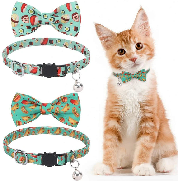OEM Custom Pattern Nylon Pet Dog Cat Collar With Bow Tie Personalized No Pull Pet Collar for Puppy Kitty With Cat Shape Buckle