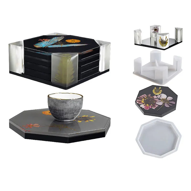 Diy Glue Drop Resin Plaster Mirror Square Storage Box Eight-Sided Coasters Combined Silicone Mold-Cake Tools