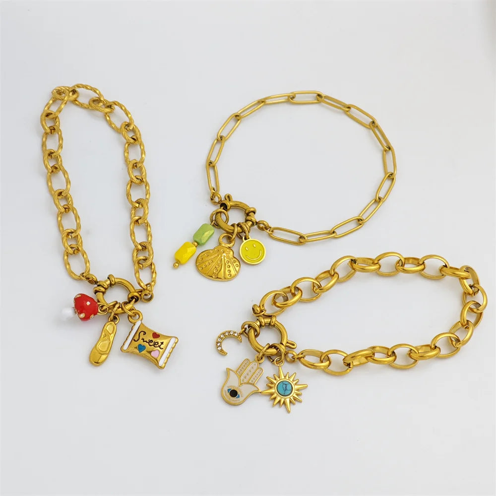 Ilona Diy 18k Gold Plated Stainless Steel Charm Bracelet Womens Exquisite Fashion Jewelry Bracelets Charms Pendant Findings