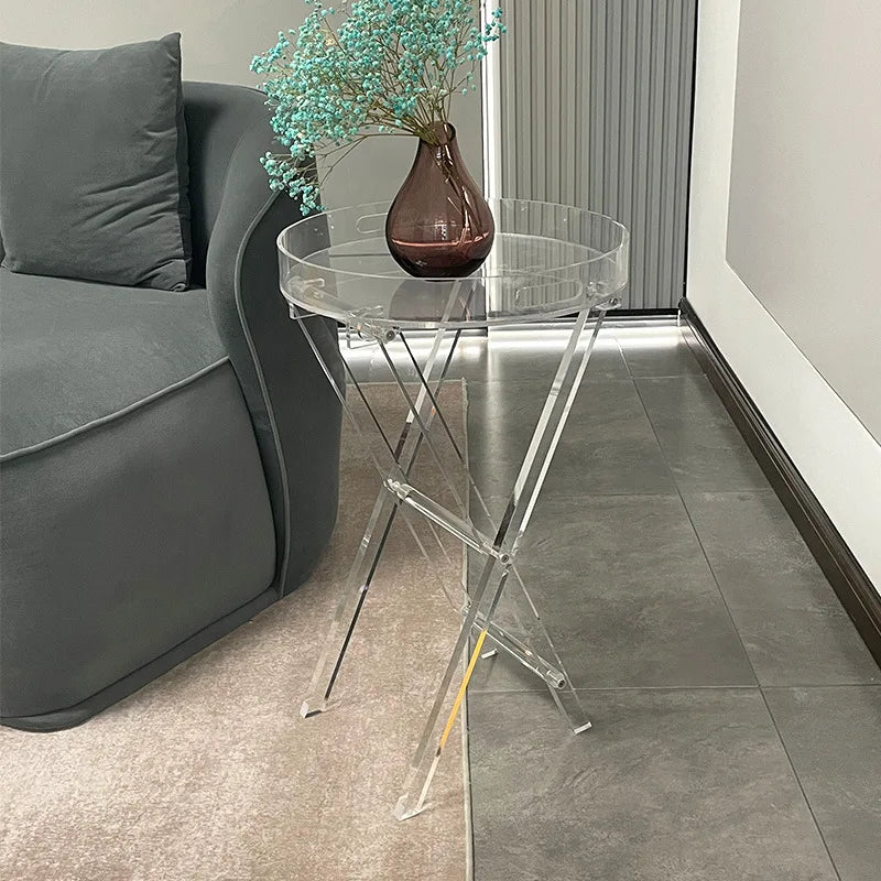 Modern Clear Acrylic Small Foldable Table with Round Tray for Bedroom and Apartment Use