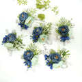 White Roses Blue Ribbon Wrist Corsage Wedding Boutonnieres Tulip Bracelet Flowers Groom Man Suit Buttonhole Brooch Pins Marriage