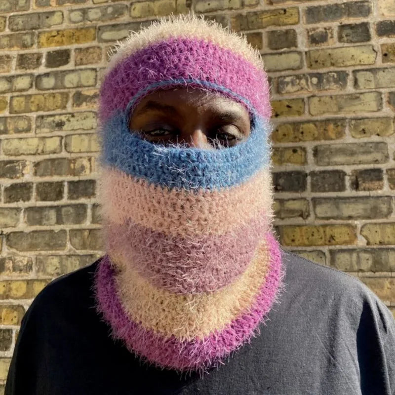 New Colorful Winter Warm Skimask Funny Fur Furry Handmade Knitted Acrylic Ski Skull Balaclava Mask Hat for Men Women