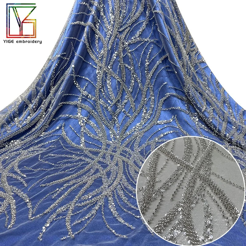 Luxury French Beaded Lace Wedding Embroidery Sequins Lace Bridal New Design Mesh Dress Beads Fabric