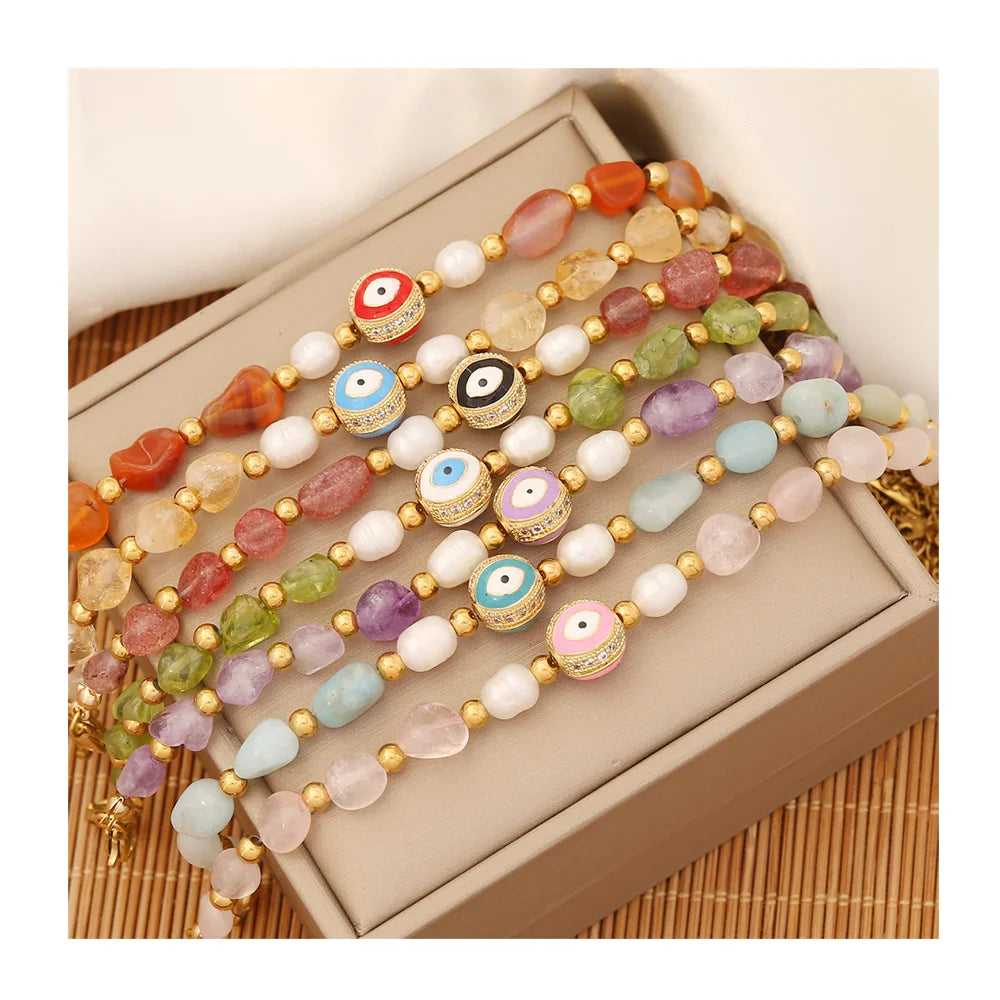 Personalized EvilEyes Jewelry Fashion Raw Quartz Crystal Pearl Bracelet Gold Plated Stainless Steel Bracelet for Women