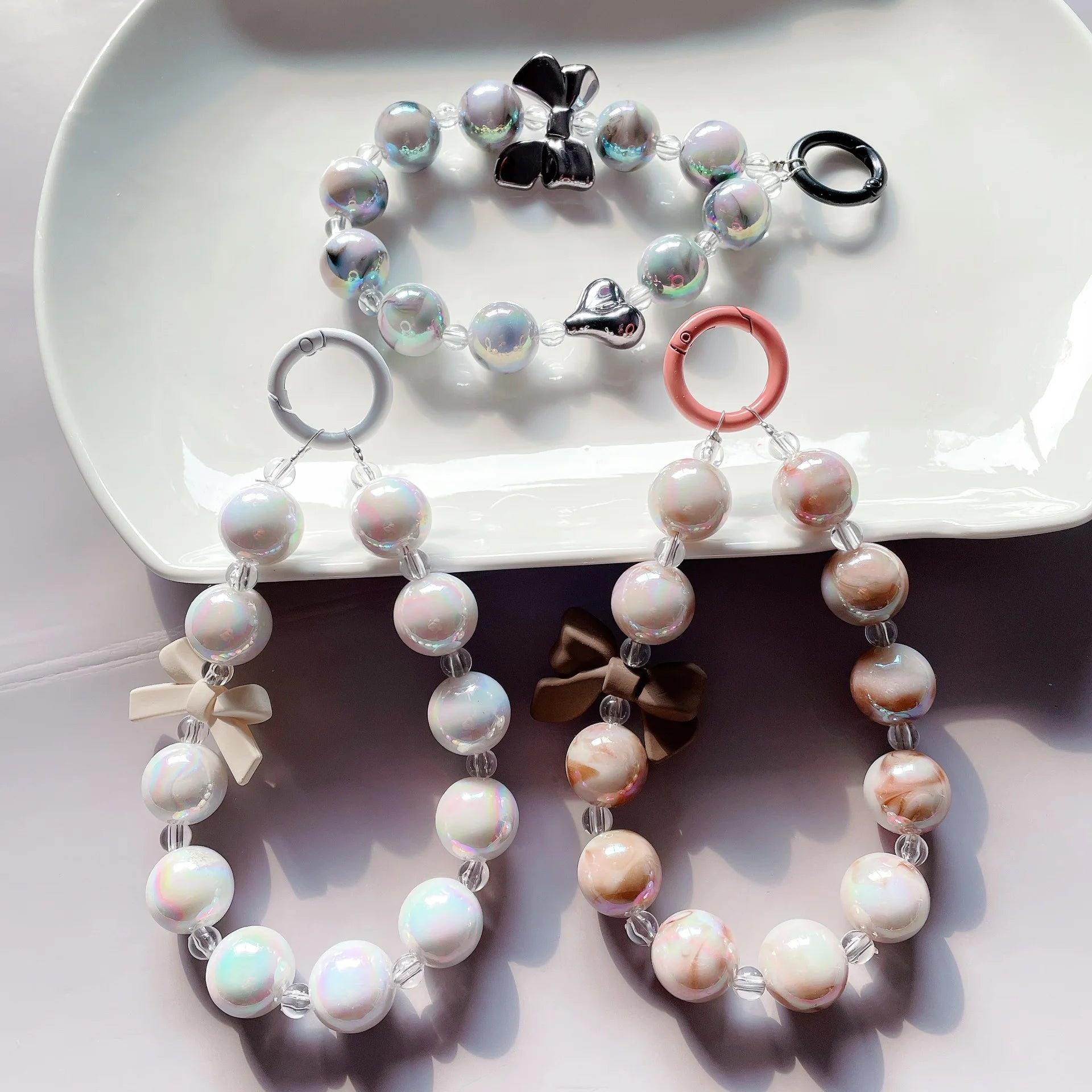Fashion Cute Colorful Acrylic Bow Wristband Keychain Bracelet Chain Cell Personality Phone Bow Beaded Chain Strap