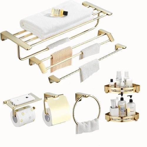SUS304 Stainless Steel Gold Pvd 6 Piece Punch-free Brush Folding Toilet Storage Rack Hardware Accessories Set