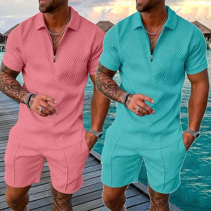 Mens Striped Matching T-Shirt Sets Hawaiian Sports Suit Zipper Golf Polo Shirt Jogging Bottoms Casual Clothes Spandex Shorts