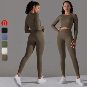 Custom Logo Yoga Outfits Women Athletic Wear Workout Long Sleeve Gym Top Fitness Set Leggings Yoga Suits