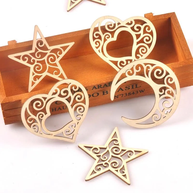 10pcs Laser Cut Star & Moon Shaped Wood Diy Craft Cutout Wooden Slices Embellishments Gift Unfinished Wood Ornaments Decoration