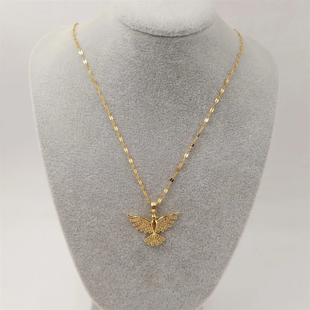 Fine Hot Sale Fashion Jewelry 18K Gold Stainless Steel Elegant Necklace Inlaid Zircon Phoenix Wings Pendant Necklace for Women