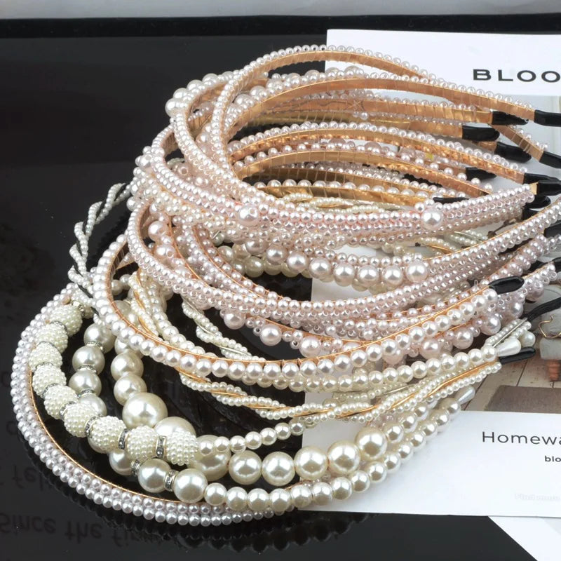 KUACHI Custom Pearl Headband Bridal Luxury Hand-Woven Pearl Designer Headbands Women Pearl Hair Band Wholesale