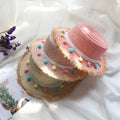 Custom logo Children Wide Brim Straw Hat Summer Beach Sunhat for Kids Sombreros Hair Ball Decoration Flat Top Hat