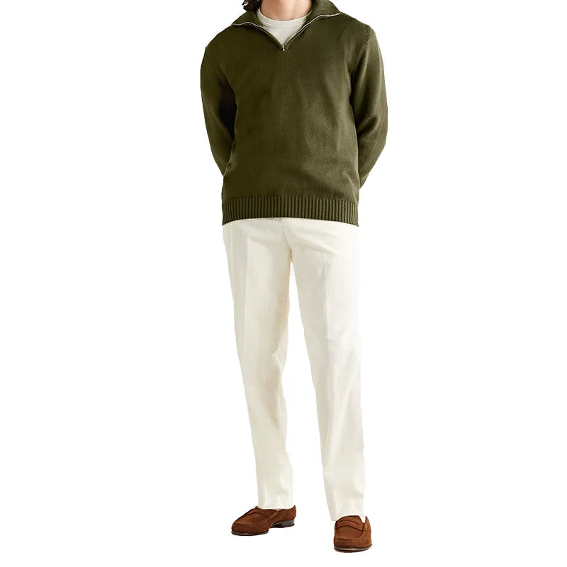 Men's Long Sleeve Pullover Quarter Zip Mock-Neck Sweater Breathable Winter Knitwear with Printed Decoration
