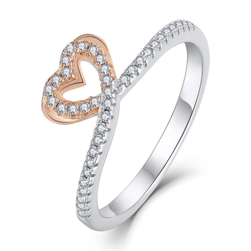 Sparkling Cubic Zirconia Romantic Wedding Women's 925 Sterling Silver & 18K Rose Gold Plated Heart-Shaped Ring