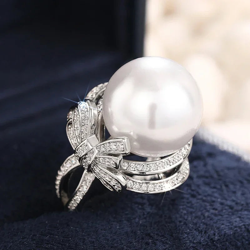 CAOSHI Exquisite Butterfly Knot Design Cubic Zirconia Pearl Silver Plated Rings for Luxury Engagement CZ Rings Jewelry for Women