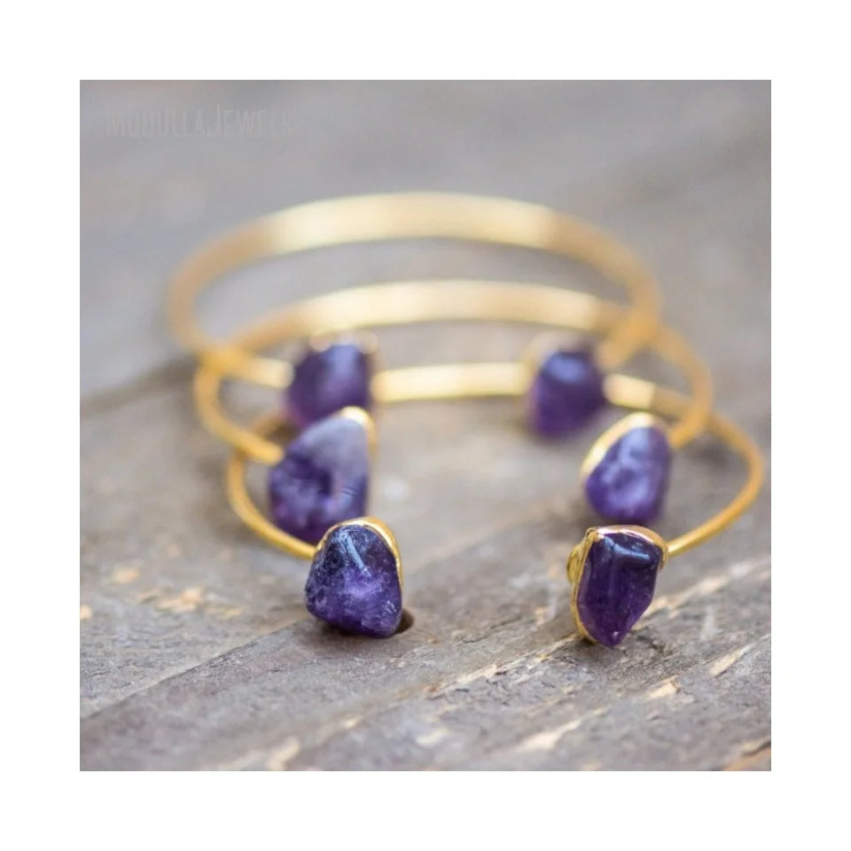 BM43689 Boho Jewelry Adjustable Gold Plated Natural Gemstone Raw Amethyst Crystal Cuff Bangle Bracelet Bracelet for Women