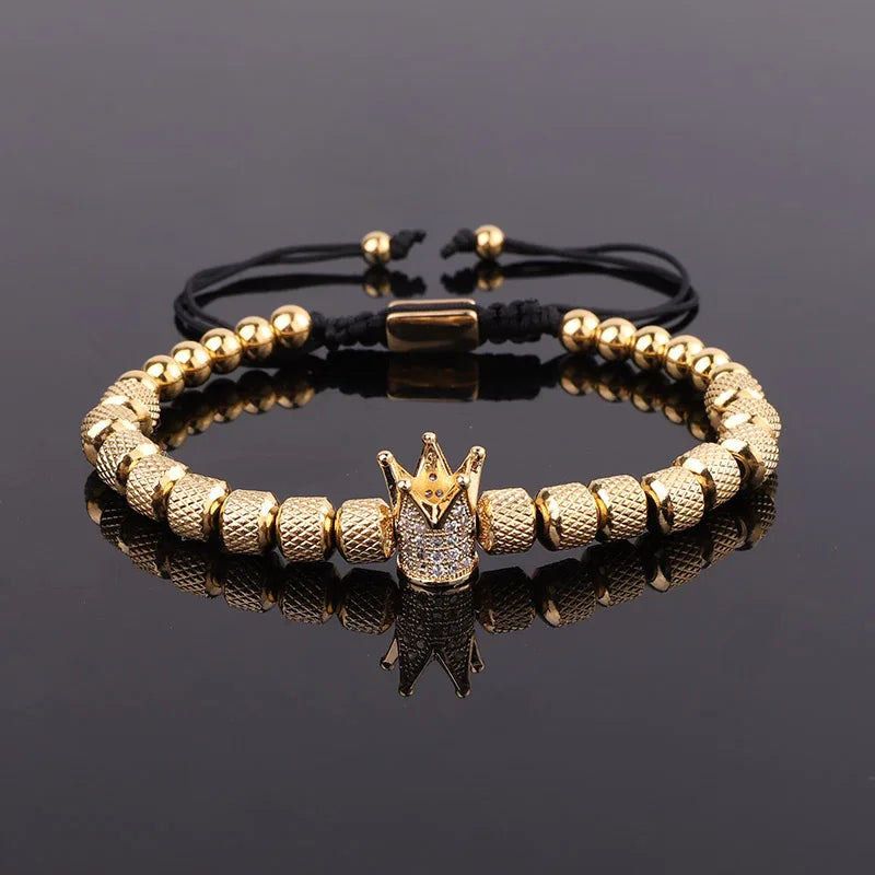 New Design Stainless Steel Jewelry Beads CZ Pave Crown Charm Handmade Macrame Bracelet Men