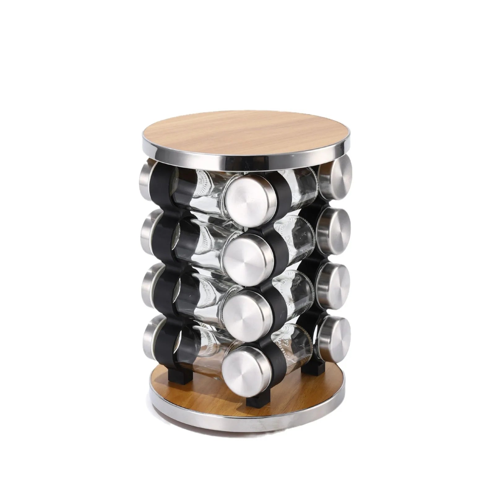 Stainless Steel Seasoning Rack with Wooden Lid Standing Rotating Spice Storage Jar Kitchen Essentials for Home Use Metal Glass