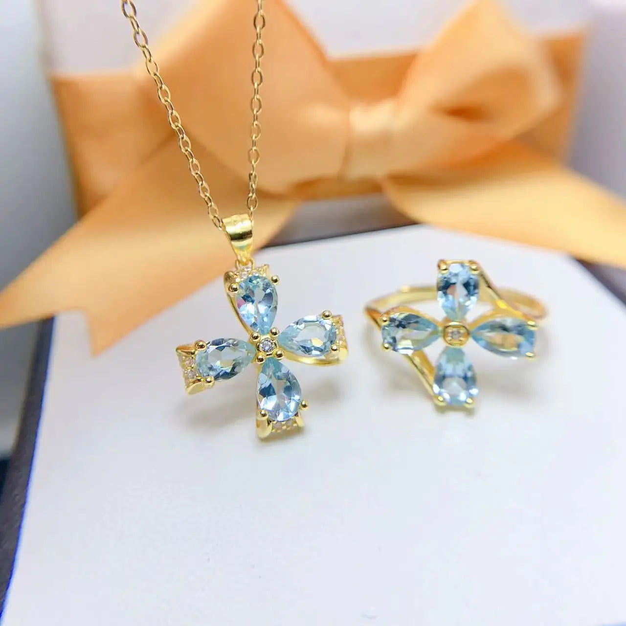 Factory Supply Women's 925 Sterling Silver Natural Aquamarine Rings Jewelry Sets Gold Plated for Parties Free Shipping