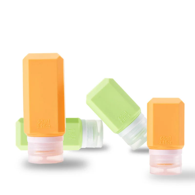 Wholesale 60ml 90ml Polygonal Portable Airplane Travel Hygiene Silicone Toiletries Bath Cosmetic Bottle Cleaning Set Travel Kit
