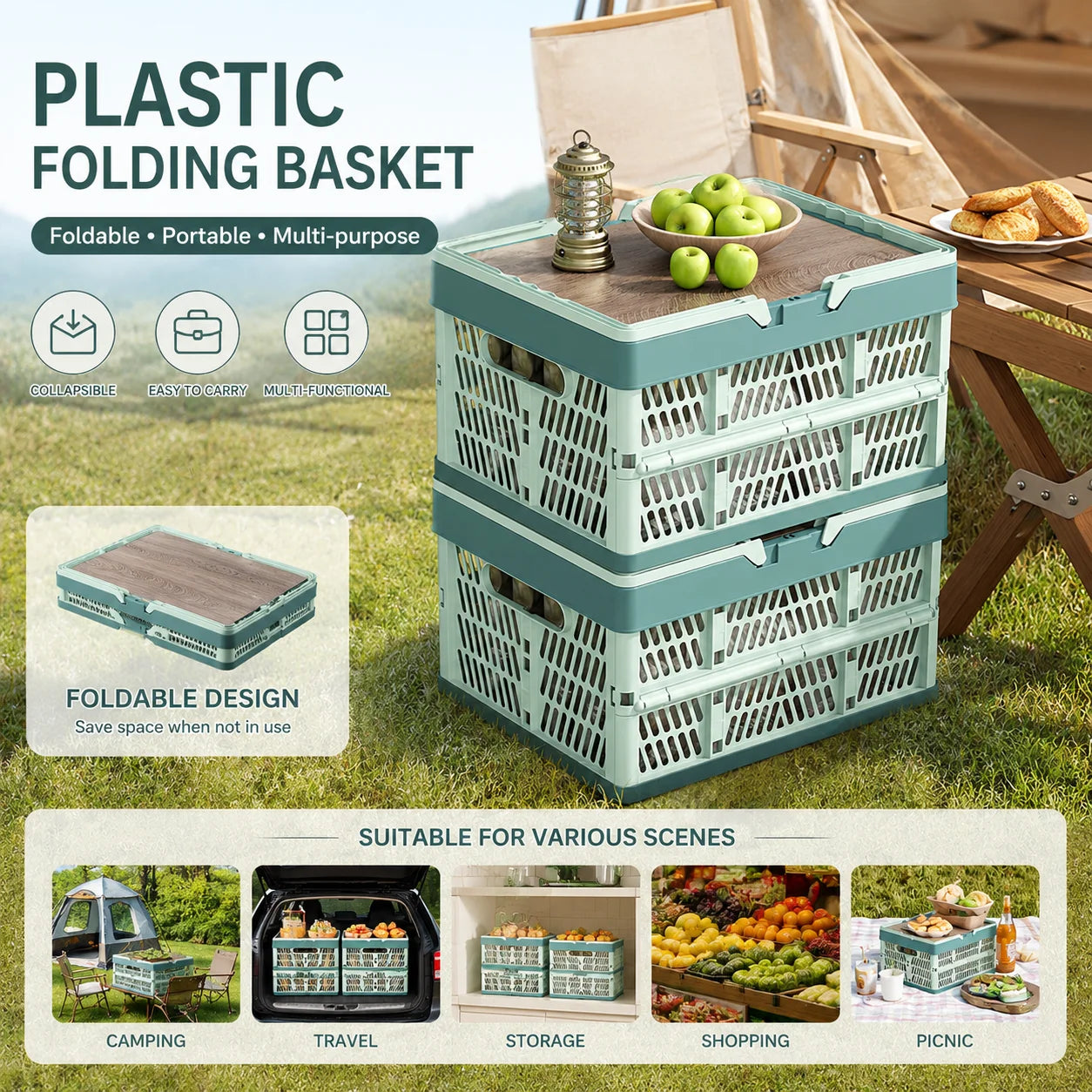Haogle Wholesale Collapsible Plastic Storage Baskets for Camping Picnic Travel Car Plastic Foldable Storage Basket