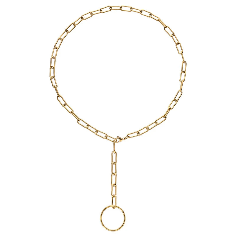 Fashion Paperclip Chain Lariat Necklace for Women Waterproof 18K Gold Big Ring Pendant Long Paper Clip Chain Adjustable Necklace
