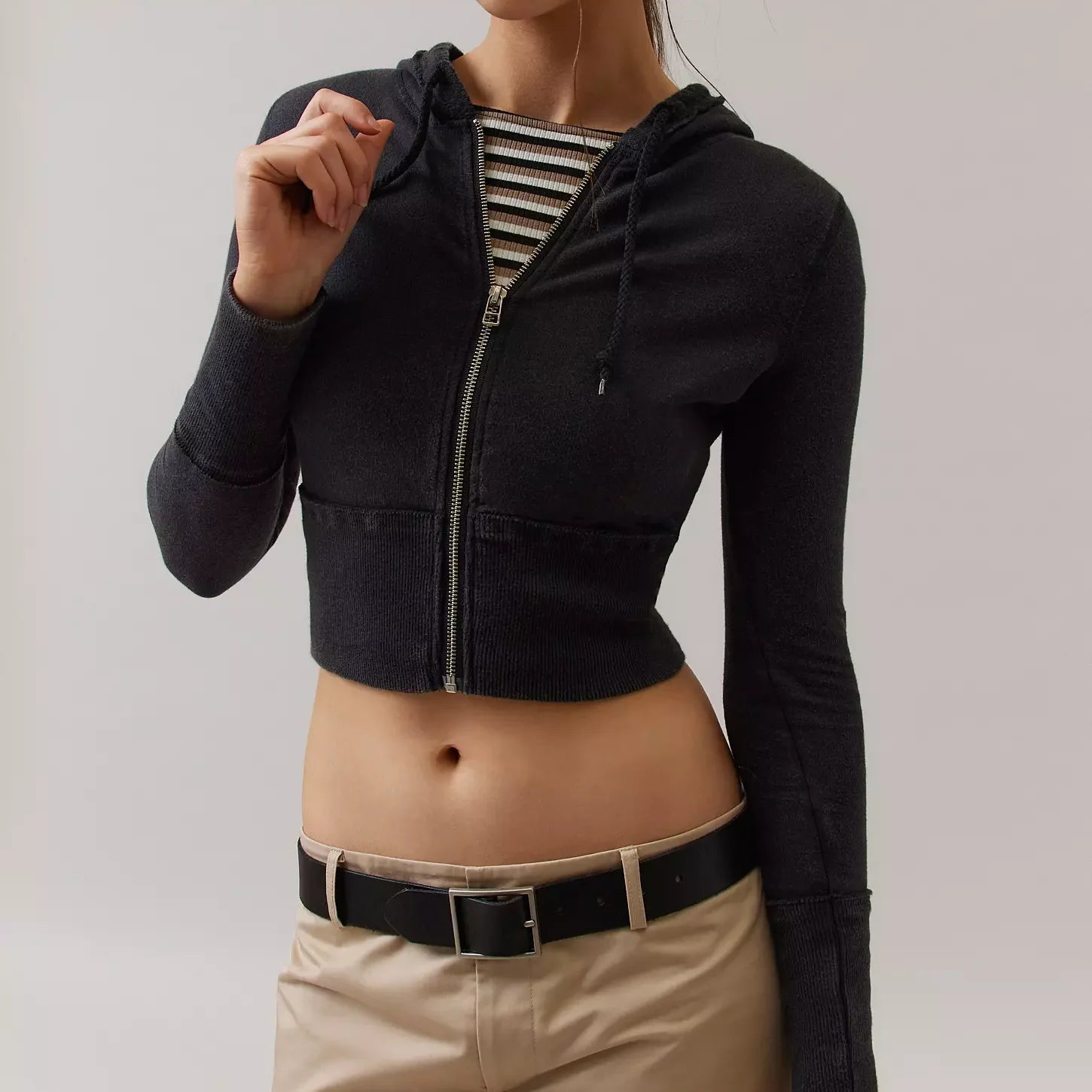 Hooded Zip-Up Jacket Body Fit Relaxed Long Sleeve Cropped Jacket Outwear Sweat Wear Sporty Solid Color