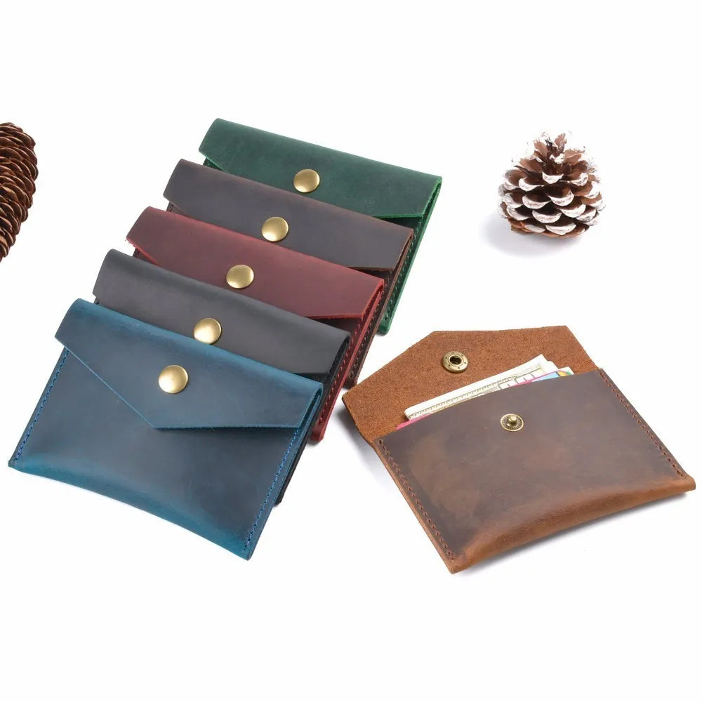 New Genuine Leather Business Card Holder Crazy Horse Leather Snap Button Purse Business Card Holder
