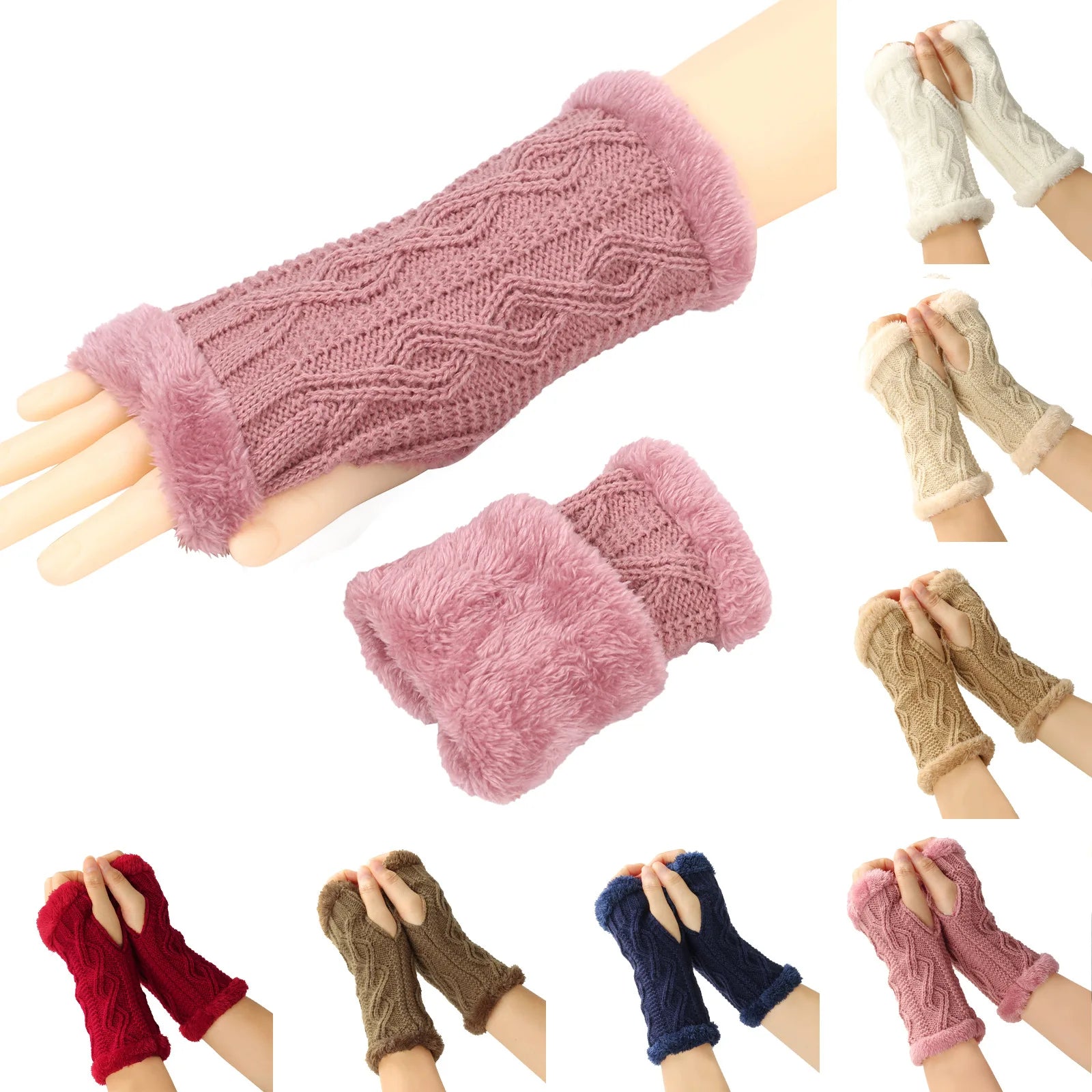 Women's Winter Solid Cable Acrylic Fingerless Gloves Hand Crochet Thumbhole Fuzzy Lined Knit Wrist Warmer Mittens Sports Daily