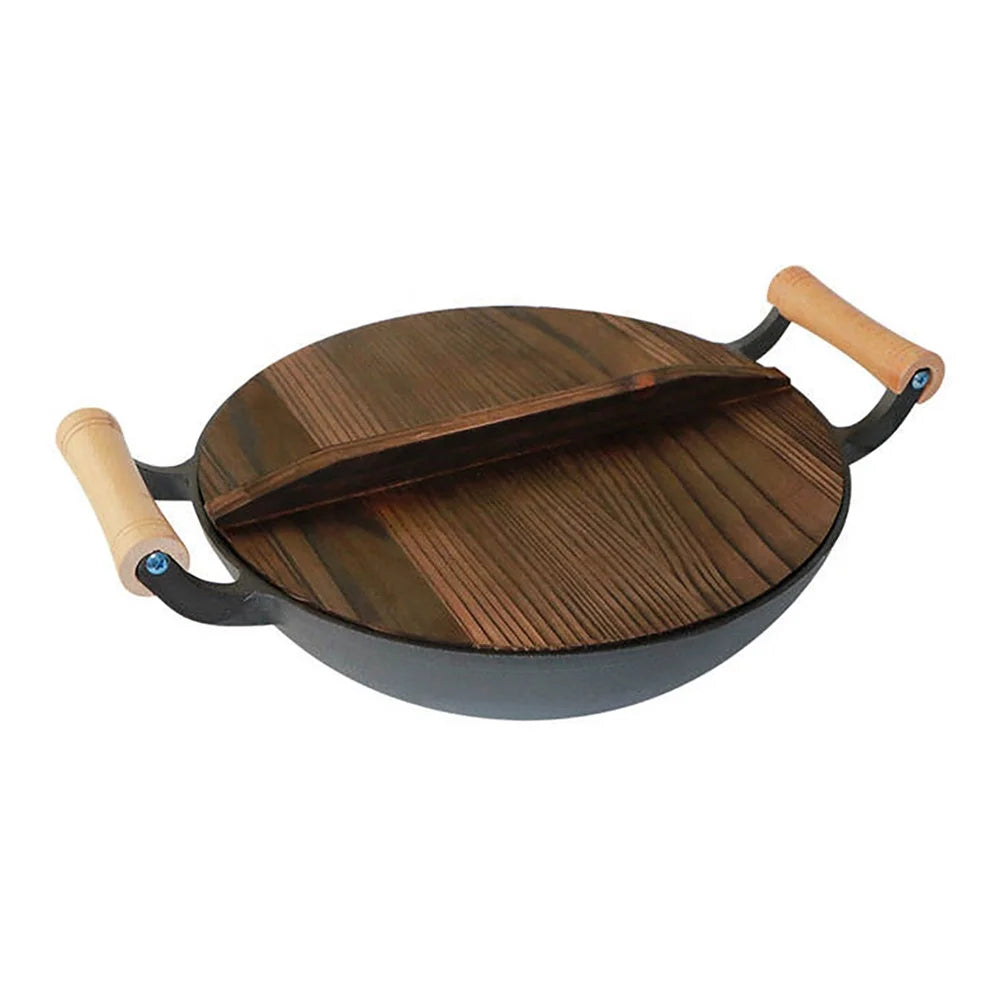 Hot Selling Cast Iron Cooking Cookware Wok Double Wooden Handle and Wooden Lid