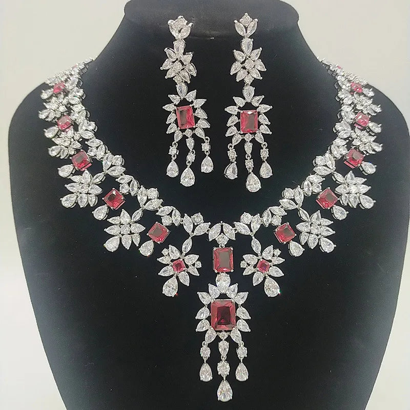 Large Luxury Diamond Bridal Wedding Jewelry Sets Yellow Blue Green Red White Zircon Necklace Earrings Ethnic Style for Parties