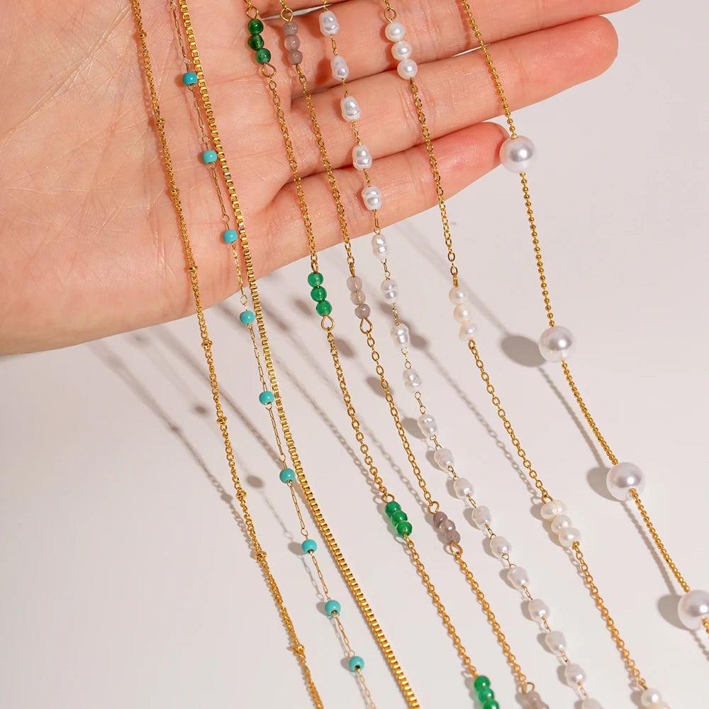 Waterproof 18K Gold Plated Stainless Steel Pearl Jewelry Double Layer Nature Stone Turquoise Choker Necklace