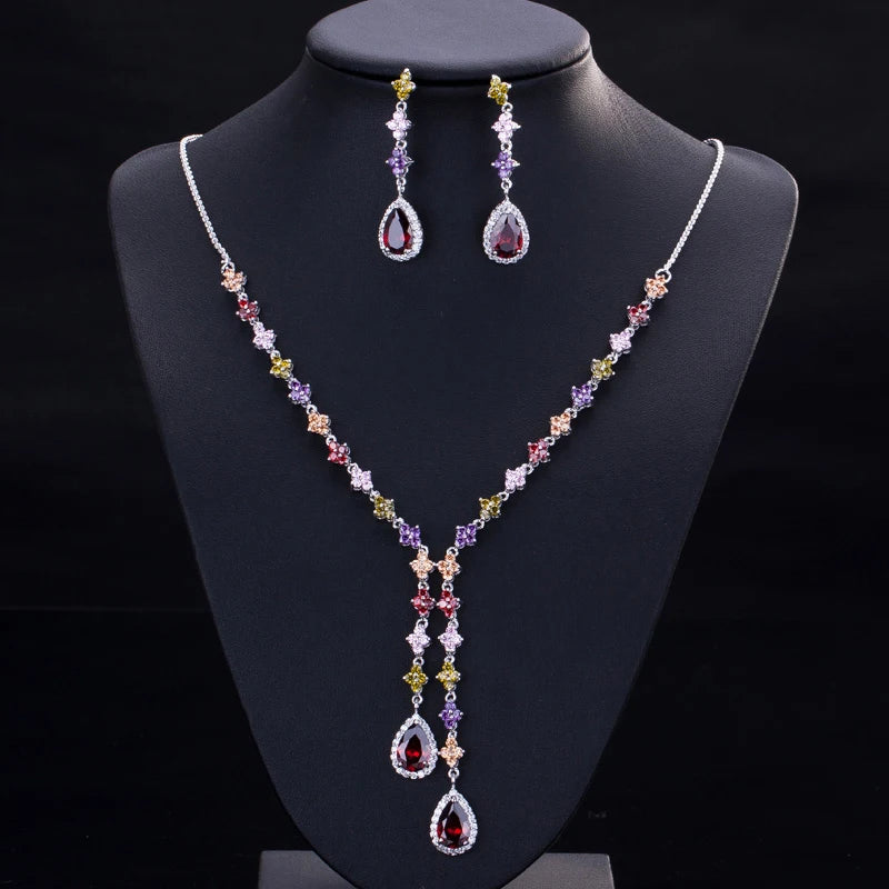 Fashion Mix Multicolor Cubic Zirconia Long Necklace and Earring Party Jewelry Set for Women Wedding Dress Accessories