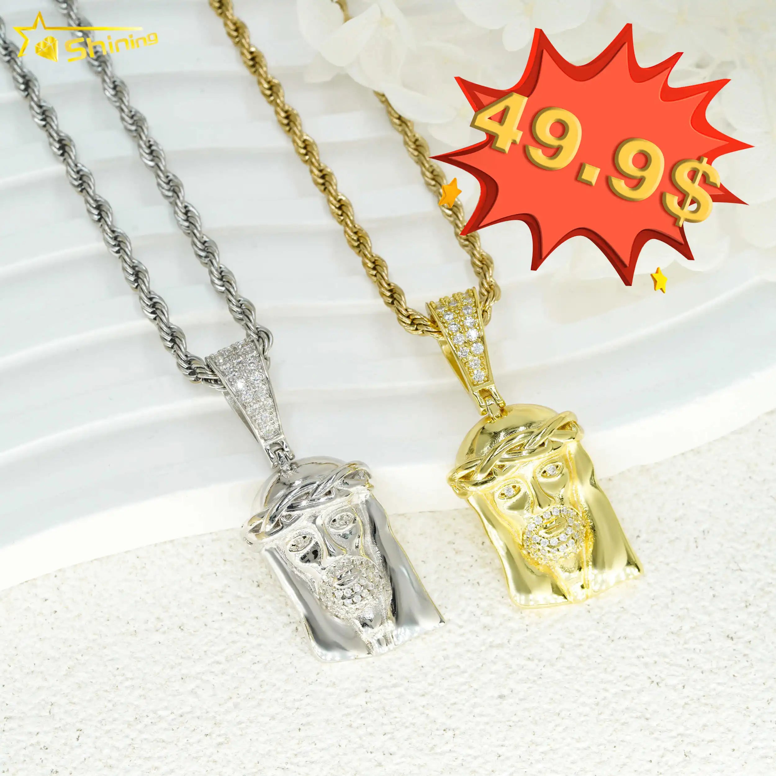 Shining Jewelry Popular Jesus Pendant Rope Chain Gold Plated Hip Hop Jewelry Custom VVS Moissanite Diamond Jesus Pendant Set