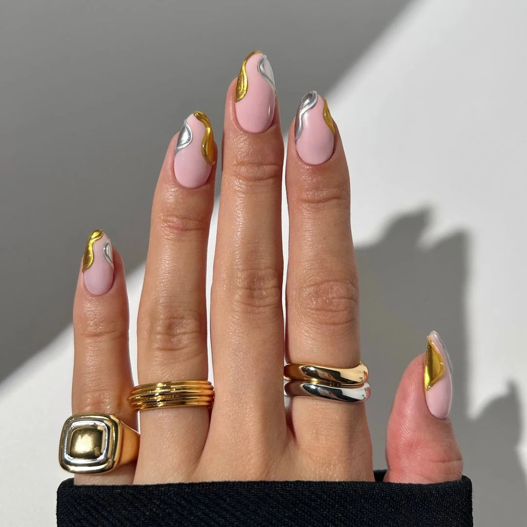 Private Label Custom Gold Silver Mix 3d Design Handmade Artificial Fingernails Supplies Wholesale Almond Soft Gel Press on Nails