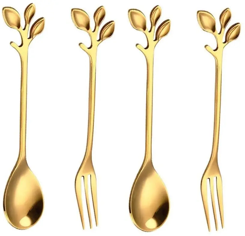 Creative Leaf Golden Stainless Steel Cutlery Wedding Party Serving Ice Cream Cake Dessert Coffee Tea Spoon Fork