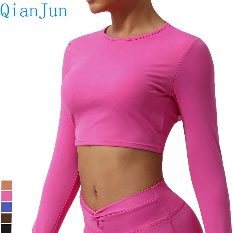 Custom Logo Long Sleeve Crop Top Comfortable Yoga Wear Sports Fitness Gym Workout Breathable Solid T Shirt Top for Women