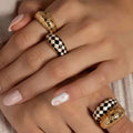 Fenny 18K Gold Plated Wholesale Fashion Black Enamel Rhombus Pattern Stainless Steel Finger Ring Trendy for Women