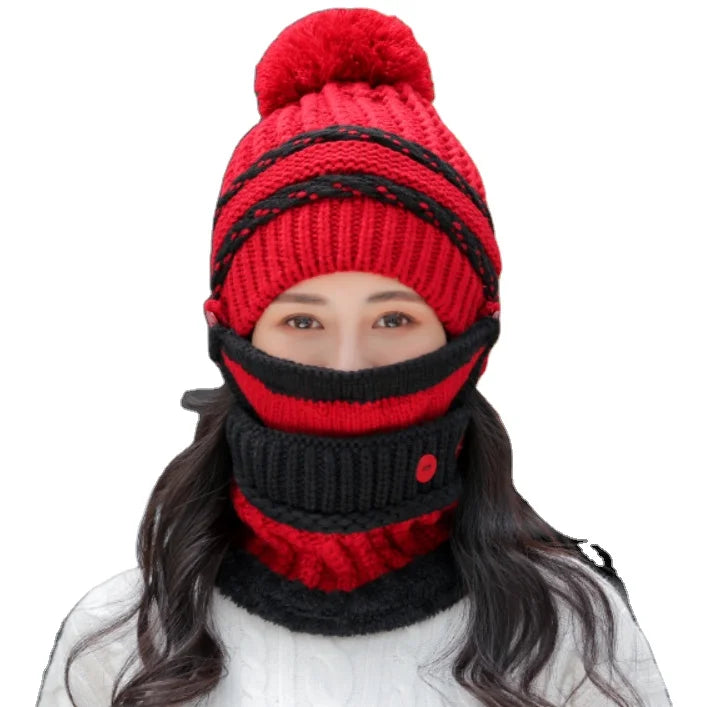 Hot Selling 3pcs Knitted Winter Warm Ski Hat Scarf Set Women Thicken Skullies Beanies Scarf Face Cover Set