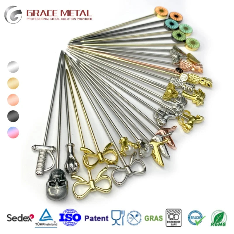 Safe Certificated Custom Drinks Mixers Martini Pick Cocktail Stirrers Customized logo Stainless Steel Gold Color Cocktail Picks