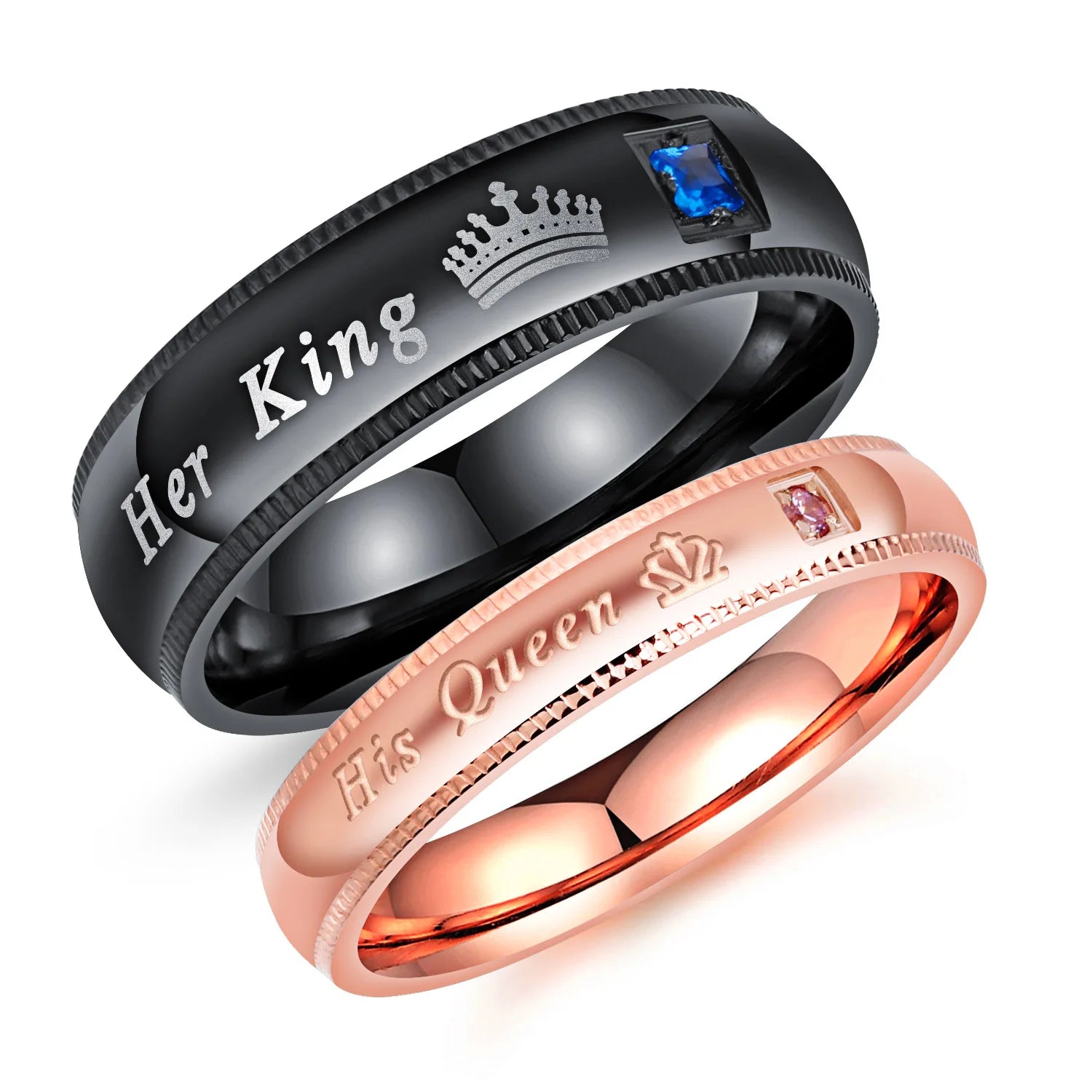 MARONEW Custom Fashion Jewelry Laser Arrivals Online Store Stainless Steel Her King His Queen Couple Zircon Ring for Weeding