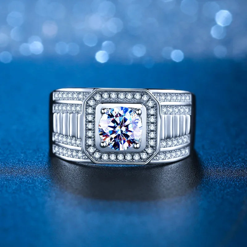 Wholesale 925 Sterling Silver Light Luxury Men's 1Carat D Color Moissanite Hip Hop Ring Fine Jewelry