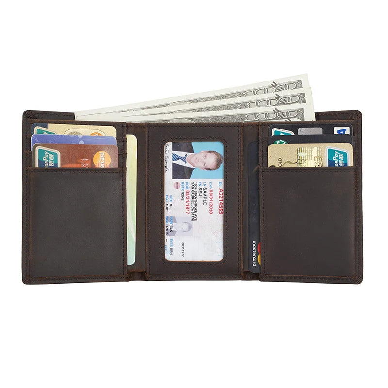 Men's 2025 Vintage Retro Genuine Leather Money Wallet Coffee Crazy Horse Smart Short RFID Blocking Money Purses Trifold Wallets