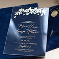 Luxurious Foilage Navy Blue and Gold Glass Card Marriage Acrylic Cover With Velvet Envelope Wedding Invitations