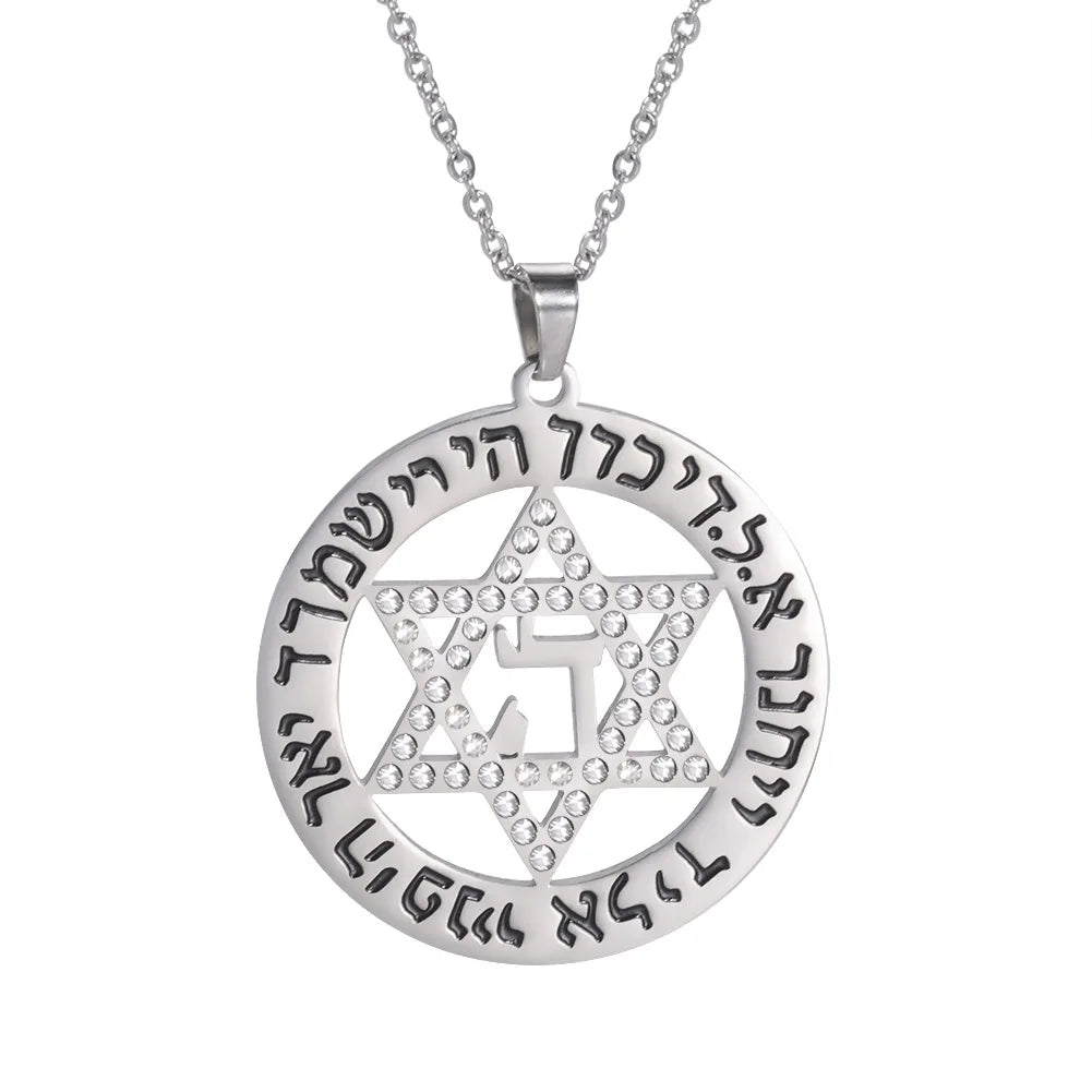 Factory Wholesale Chai Star of David Hebrew Blessing Pendant Necklace Rhinestone Supernatural Amulet Stainless Steel Jewelry